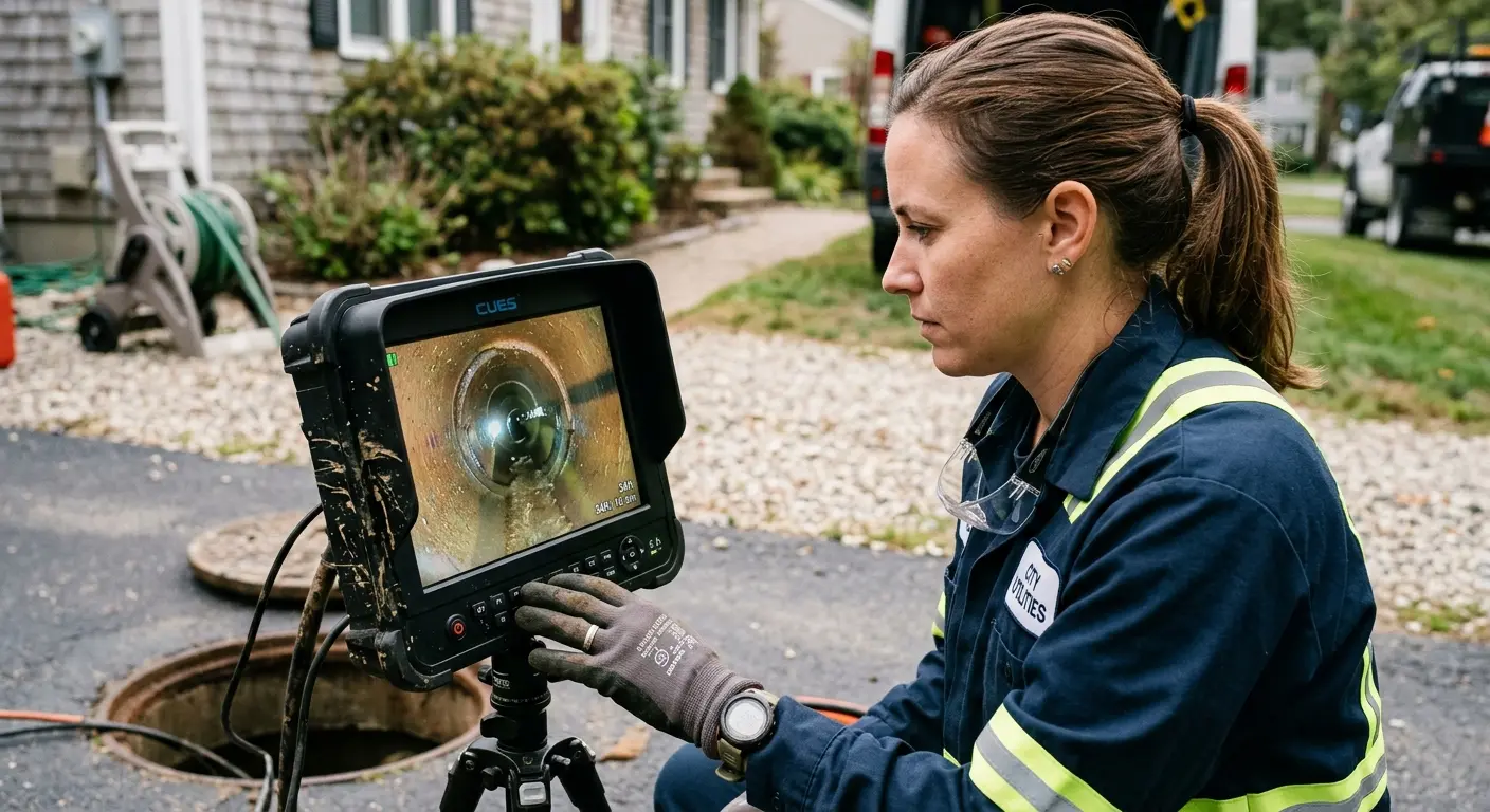 Technician reviewing sewer camera inspection footage in Dickinson