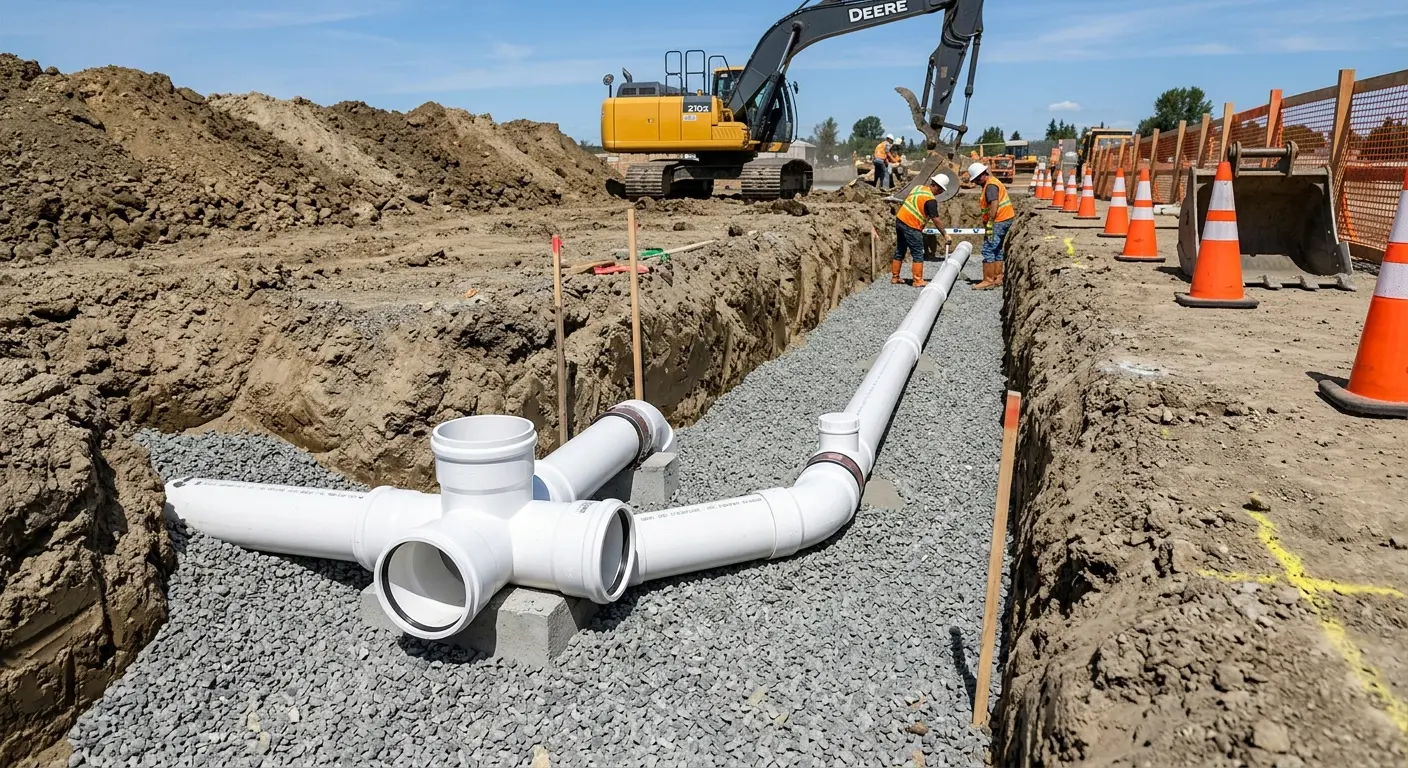 New PVC sewer pipe installation in open trench for Sewer Backup in Dickinson