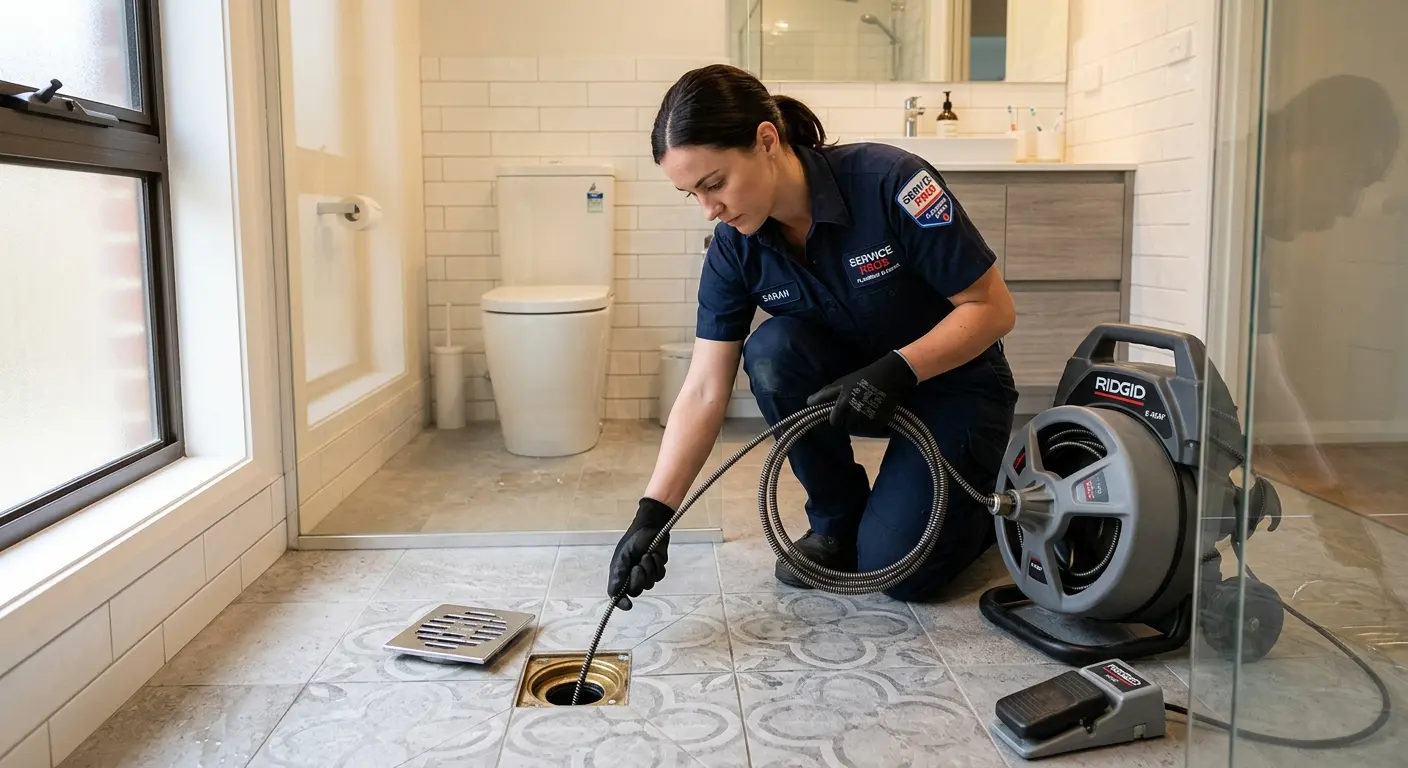 Technician clearing a bathroom floor drain for Sewer Line Installation in Dickinson